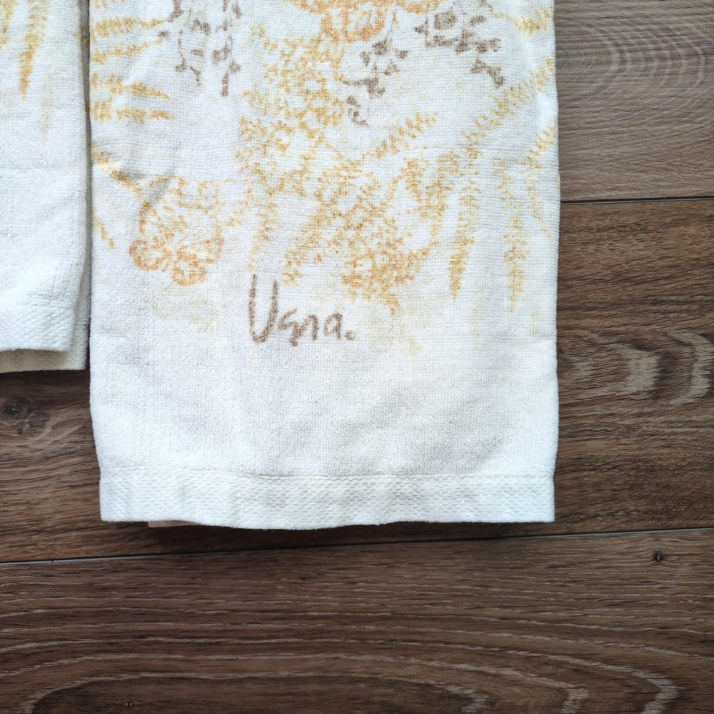 Vtg 70s Vera Neumann Bath Towels White Gold Butterfly Brown Fern MCM Set of 2 - Picture 3 of 9